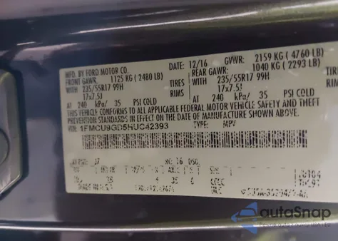 2017 Ford Escape Se from USA, damaged, VIN 1FMCU9GD5HUC42393